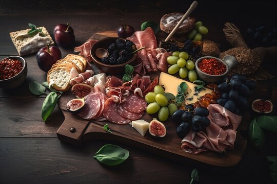 Top view of Charcuterie board of cold meats and cheeses with fruit and baked goods. Composition in dark photography style. Advertising banner with free copy space. Generative AI.