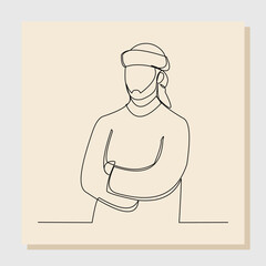 Continuous single one line drawing of muslim arabic man standing gesture. Line art ramadan kareem and ied mubarak greeting card. Vector illustration.