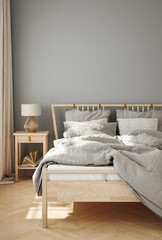 Home mockup, cozy Scandinavian bedroom interior, 3d render