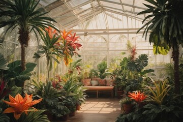 Tropical garden in a greenhouse with flowers and plants in pots