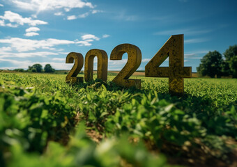 Happy new year design with 2024 3d sign on agriculture farm place created with generative ai - obrazy, fototapety, plakaty