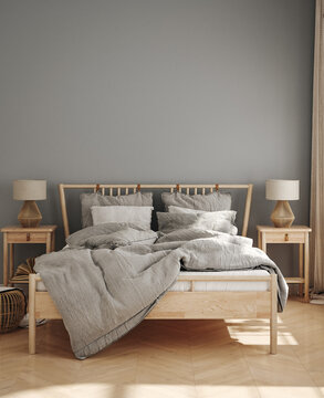 Fototapeta Home mockup, cozy Scandinavian bedroom interior, 3d render