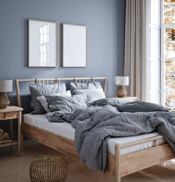 Fototapeta Home mockup, cozy Scandinavian bedroom interior, 3d render