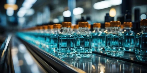 Fotobehang Medical vials on production line at pharmaceutical factory, Pharmaceutical machine working pharmaceutical glass bottles production line © Coosh448