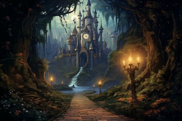 Illustration depicting a fairy tale castle road, midnight clock, and magical shoe for Cinderella in an acrylic painting. Generative AI - obrazy, fototapety, plakaty
