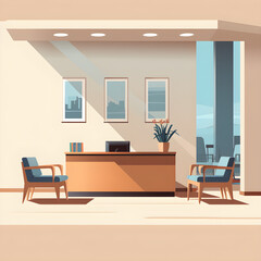 Elegantly Designed Reception Desk in a Modern Office, Showcasing Minimalist Aesthetic and a Sense of Professionalism and Efficiency