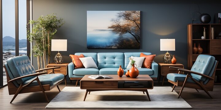 Mid - century style home interior design of modern living room. White sofa and blue leather chairs near wooden coffee table