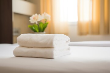 Fototapeta na wymiar fresh towels on bed in hotel room spa and wellness