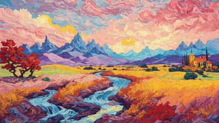 oil painting: Idyllic mountain landscape in the blooming meadows with river, with sunlight, colorful, painting in the style of Vincent Van Gogh. generative ai