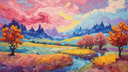 oil painting: Idyllic mountain landscape in the blooming meadows with river, with sunlight, colorful, painting in the style of Vincent Van Gogh. generative ai