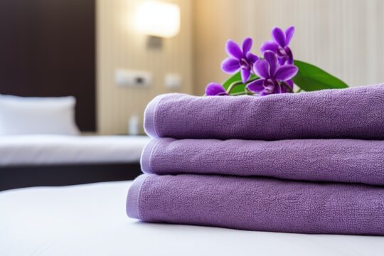 fresh violet towels on bed in hotel room spa and wellness