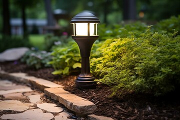 Closeup of a garden bollard light in an outdoor setting. Generative AI - obrazy, fototapety, plakaty