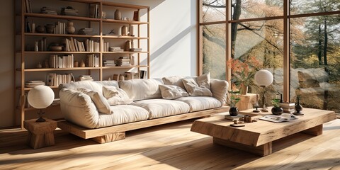 Obraz na płótnie Canvas Modern interior japandi style design livingroom. Lighting and sunny scandinavian apartment with plaster and wood.