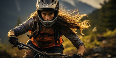 Fototapeta na wymiar Mountain biking woman riding on bike in summer mountains forest landscape