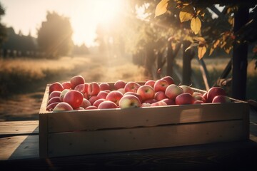 Wooden Crate Of Red Apples On. Red fruits harvest. Blurred court on the background. Sunny day. Generative AI.