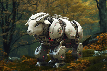Image of sheep gundam robot technology an ectronic in the forest. Farm animals. Generative AI. Illustration.