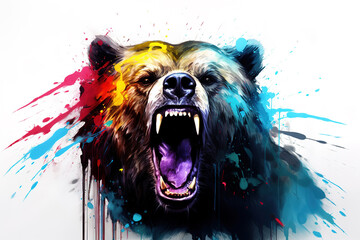 Image of colorful bear is very angry on white background. Wildlife Animals. Illustration, Generative AI.