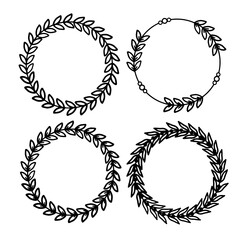 Hand drawn floral frames with flowers, branch and leaves. Botanical wreath. Laurel plant leaf, floral frame, round olive leaves, branch for greek wedding, crest logo.
