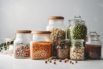 Legumes, noodle and beans set in jars. Dried Raw food. Light sunny background with copy space. Kitchen pantry. Generative AI. - obrazy, fototapety, plakaty