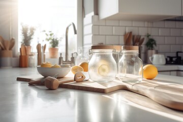 Fototapeta na wymiar Modern kitchen countertop with utensils. Bright sunny background. Copy space. Generative AI.