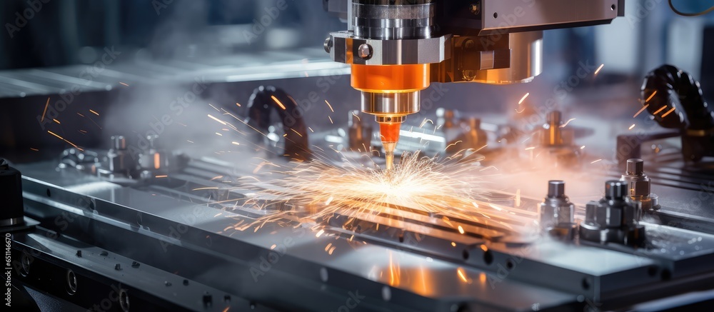Poster cnc machines drilling in metal factory using machine tools