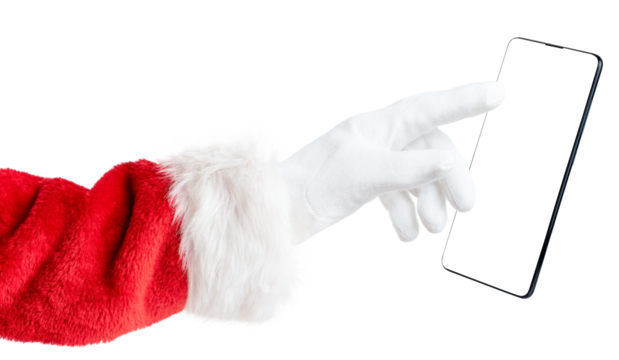 Santa hand pointing to white blank of phone screen. 