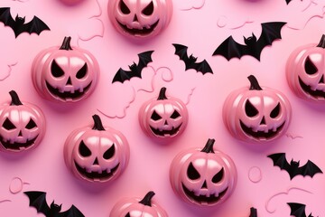 Halloween concept. Top view photo of pumpkins bat silhouettes. Pink colors