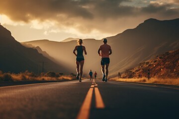Fototapeta na wymiar Athletes running on the road in the morning, sunrise training for a marathon, and fitness Runners with healthy lifestyles exercising outdoors.