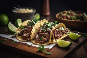 Fotobehang Carne asada mexican street tacos on dark background. Copy space for ad, banner menu recipe. Generative AI. © pawczar