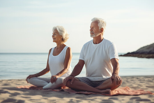 pareja de hombre y mujer mayores haciendo yoga en la playa en d&iacute;a de verano