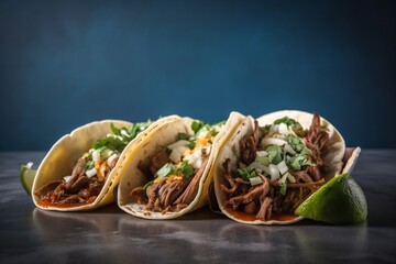 Carne asada mexican street tacos isolated on blue background. Copy space for ad, banner menu recipe. Generative AI.