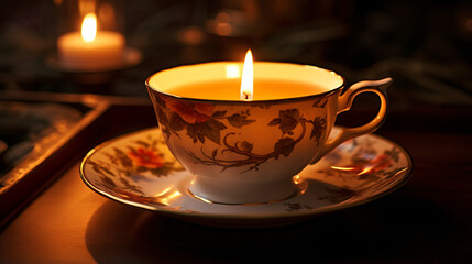 A cup of tea with a lit candle on a saucer