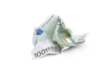 A crumpled 100 Euro banknote lying on the ground after being thrown away, dropped, wasting money concept isolated against a transparent background.
