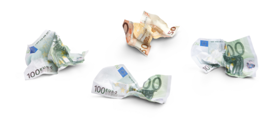A collection of crumpled 50 & 100 Euro banknotes lying on the ground after being thrown away, dropped, wasting money concept isolated against a transparent background.