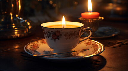 Obraz na płótnie Canvas A cup of tea with a lit candle on a saucer