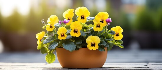 Outdoor home d cor with a yellow pansy centerpiece - obrazy, fototapety, plakaty