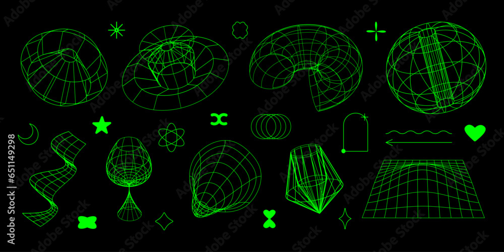 Poster Abstract rave psychedelic set in y2k style. Neon retro futuristic shapes, and patterns, wireframe, perspective grids and cyberpunk elements. EPS 10