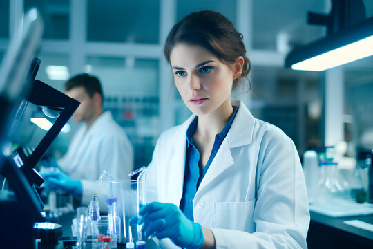 Cient&iacute;fica trabaja con microsc&oacute;pio en un laboratorio de investigaci&oacute;n innovador. Concepto de desarrollo m&eacute;dico y creaci&oacute;n de vacucas y medicamentos para el futuro.
