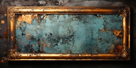 Rectangle gold frame on a grunge blue background