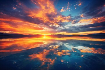 Fototapeta premium Sunset over the horizon with beautiful clouds and reflection in the water