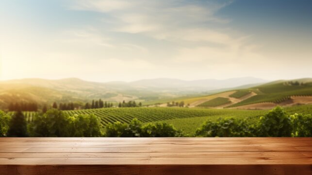 Empty wooden table top product display showcase stage. Vinyard background. Generative AI	