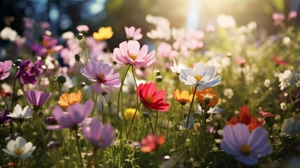 Flower field in sunlight spring or summer garden backgrond, Generative AI