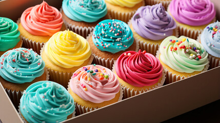 A box filled with lots of different colored cupcakes - obrazy, fototapety, plakaty