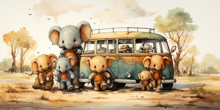 Safari Animal set lion, hippopotamus, giraffe, bear, rabbit and mouse in the car in watercolor style. Isolated