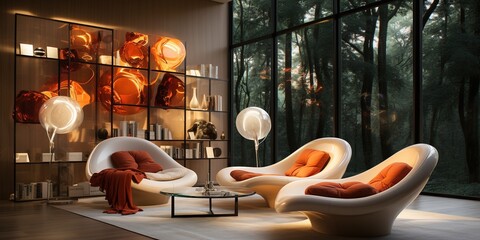 Salón luminoso moderno con grandes sillones acogedores con un estilo nórdico - obrazy, fototapety, plakaty