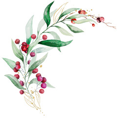 Christmas bouquet with watercolor twigs with green leaves and red berries. Holidays Illustration