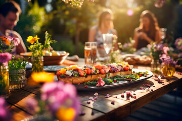 Grupo de amigos almorzando en una hermosa mesa en el jardín. Concepto de estilo de vida. Comida y bebida en el exterior disfrutando de una fiesta en el restaurante. - obrazy, fototapety, plakaty