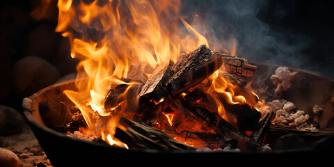 Closeup with the pot preparing food outdoors preparation of food on the fire, Burning fire. the fire burns in the forest. texture of burning coals. campfire for cooking in the forest, GENERATIVE AI


