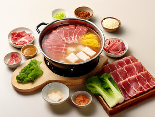 Hot pot scene with various plates of meat and vegetables - obrazy, fototapety, plakaty