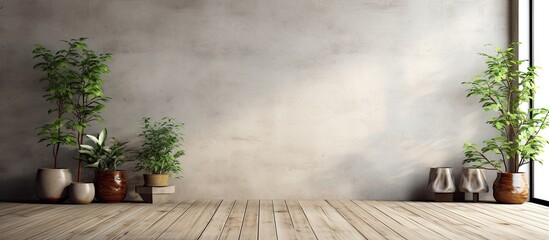 Spacious wooden terrace with gray plank floor blank concrete wall for copy space - obrazy, fototapety, plakaty